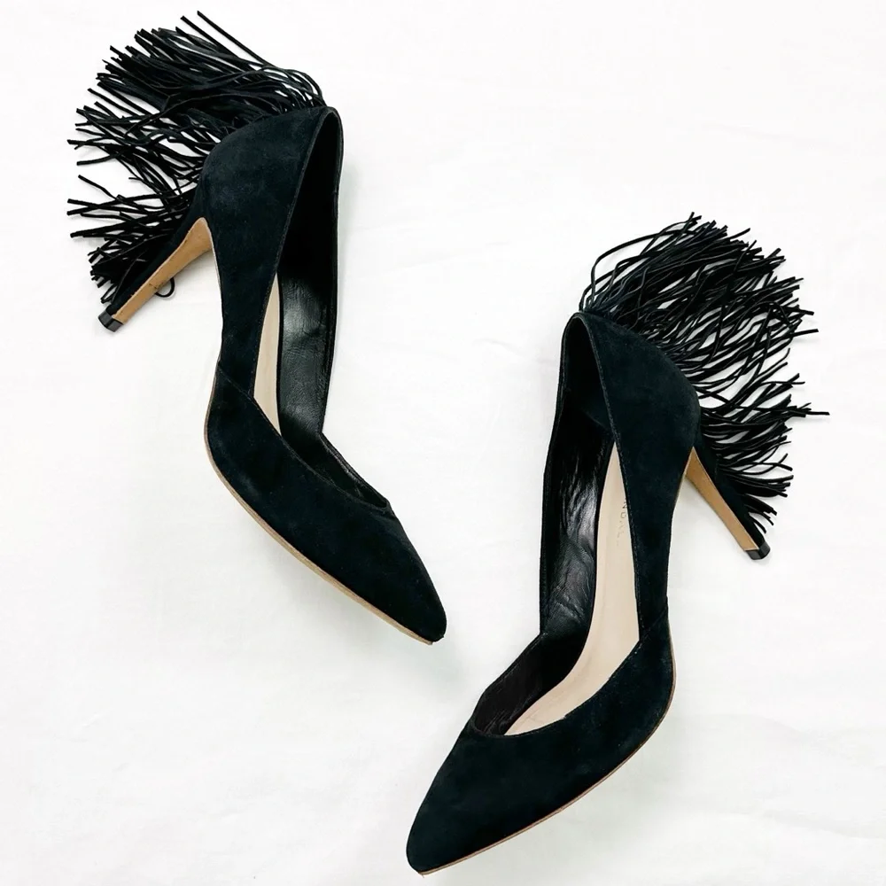 Loeffler Randall Pari Fringe Pumps Size 8.5 Black Heel Pointed Toe Suede Leather - Picture 13 of 13